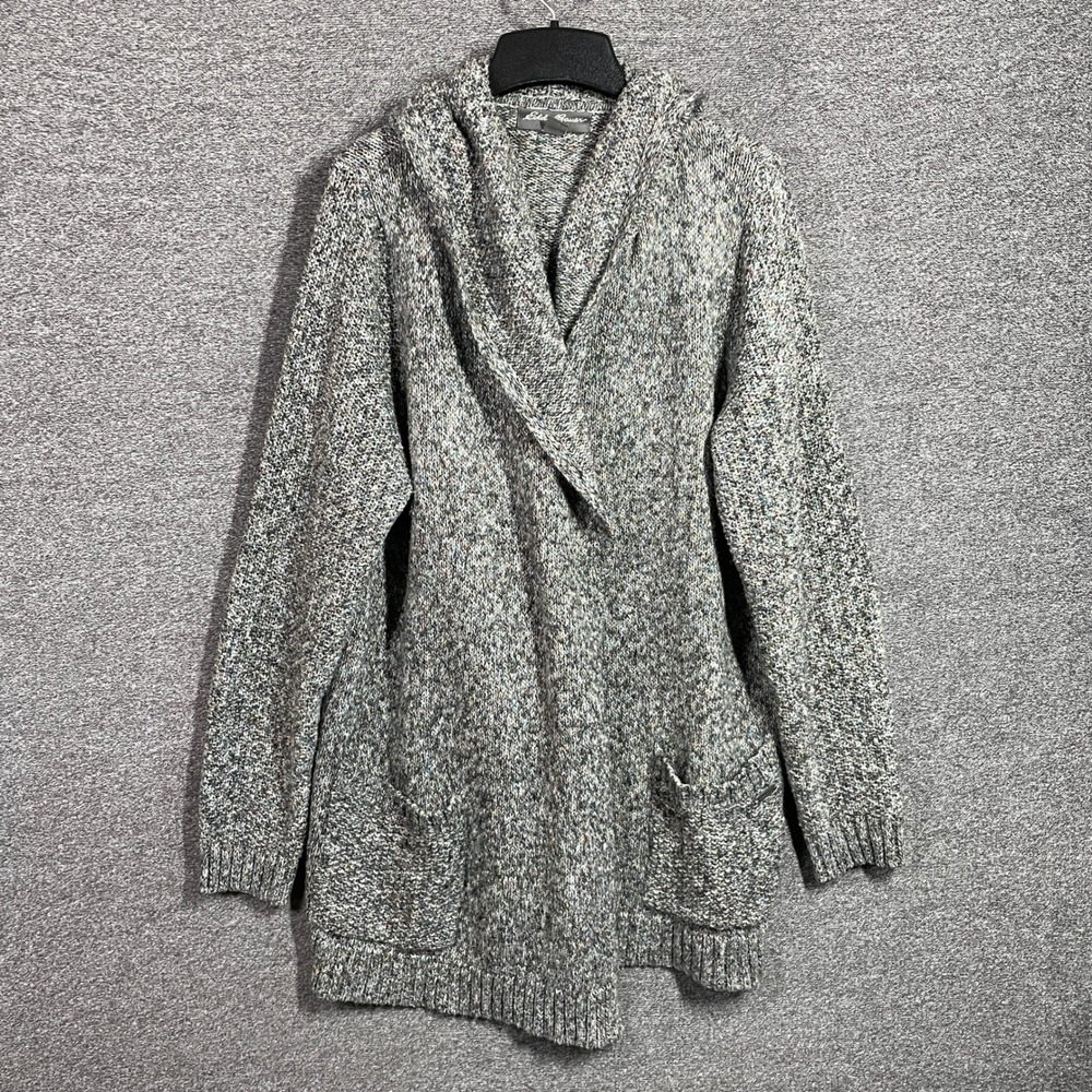 Eddie Bauer Cardigan Sweater Womens 2XL Gray Confetti Knit Hooded Open Front